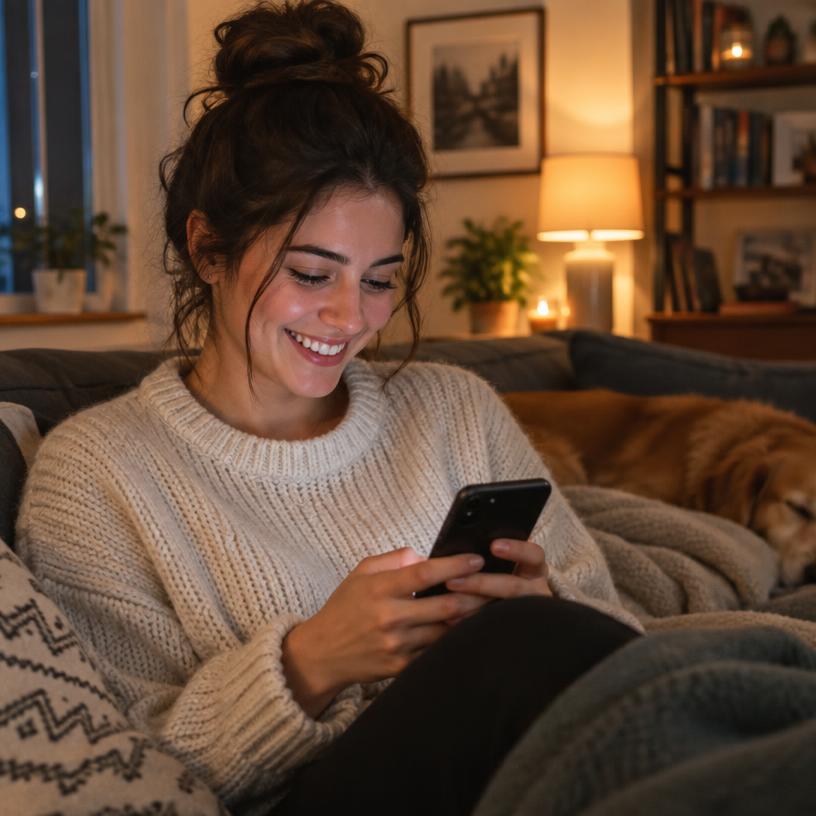 A person smiling at their phone at home